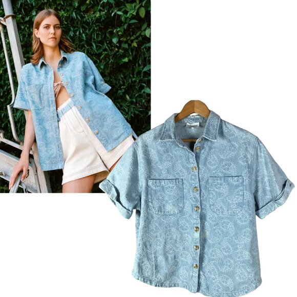 FRNCH PARIS Paisley Stitched Denim Button-front Shirt SMALL - Picture 3 of 8